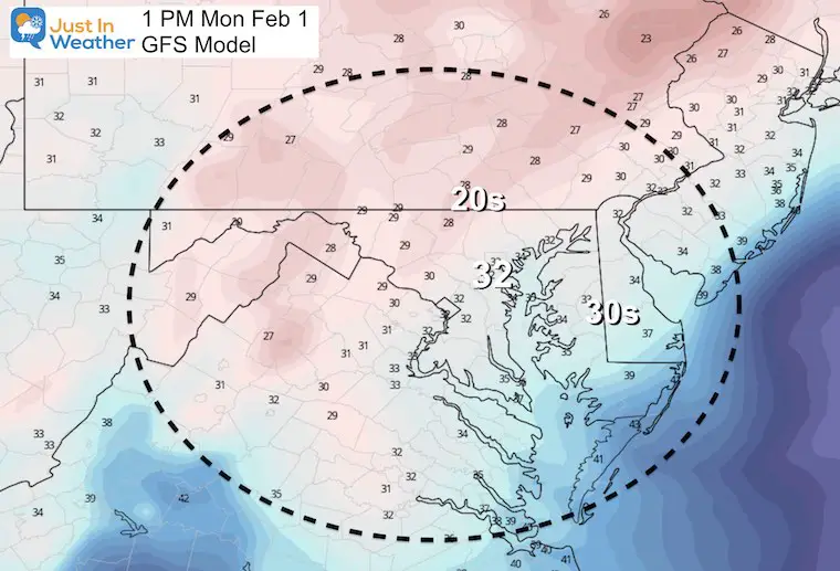 February 1 storm temperatures Monday afternoon