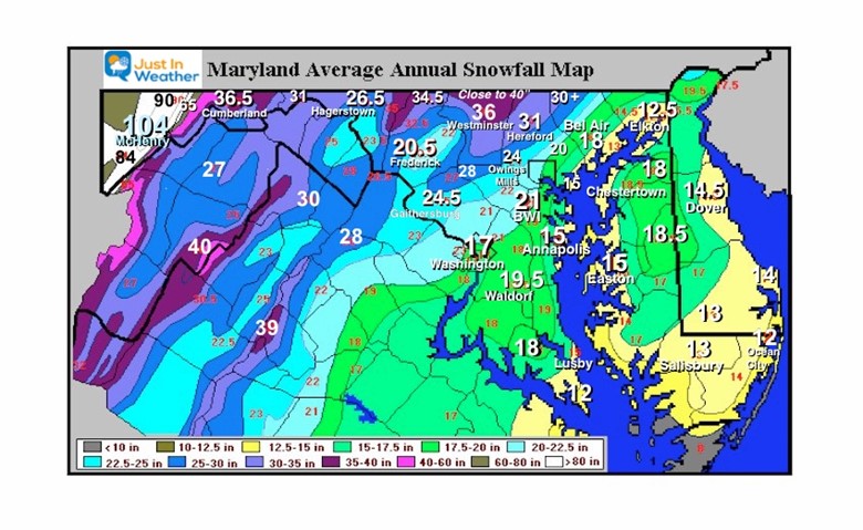 Maryland Annual Snowfall Map 