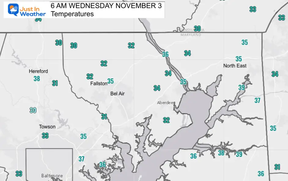 Temperatures 6 AM Wed Nov 3 Northeastern Maryland  Frosty Start