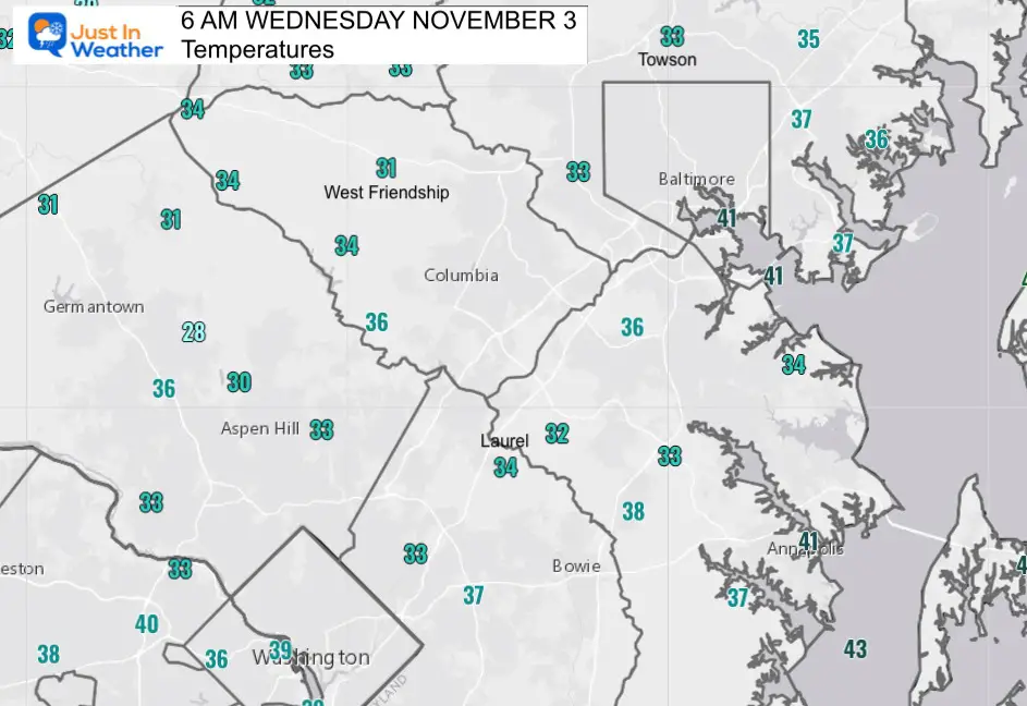 Temperatures 6 AM Wed Nov 3 Washington Baltimore  Frosty Start