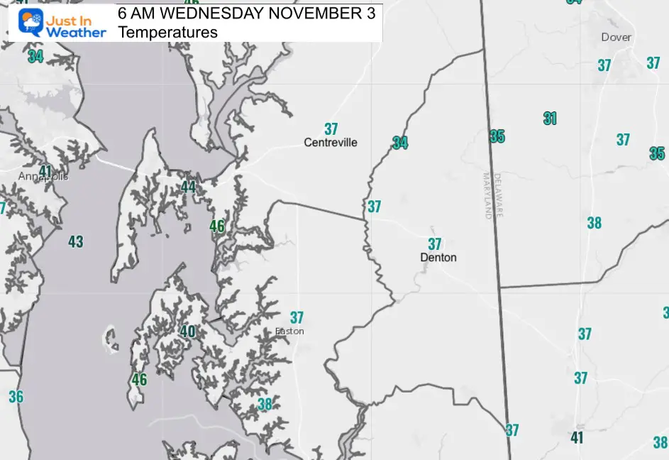 Temperatures 6 AM Wed Nov 3 Eastern Shore Frosty Start