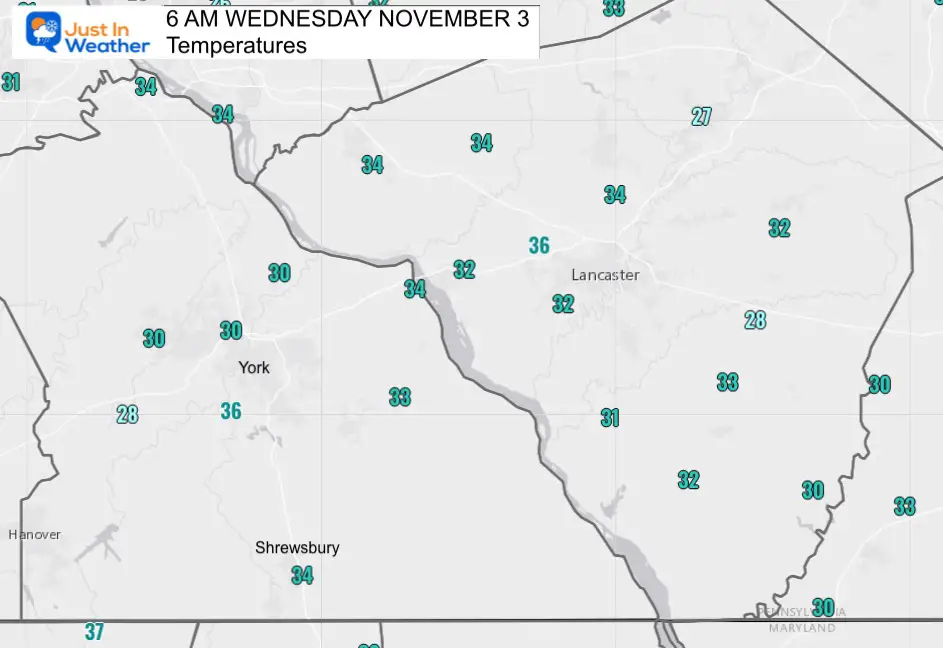 Temperatures 6 AM Wed Nov 3 Southern PA Frost and Freeze