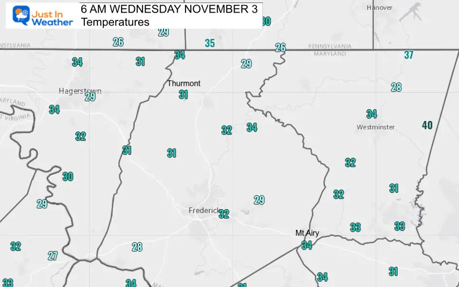 Temperatures 6 AM Wed Nov 3 Northern MD Frost and Freeze