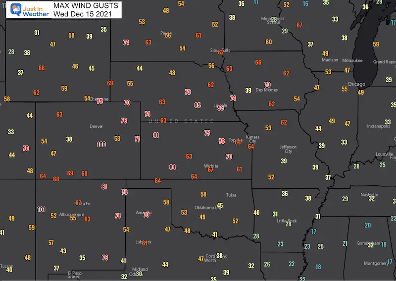 MAX WIND GUSTS WEDNESDAY DECEMBER 15