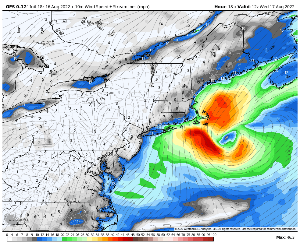 Nor'easter wind forecast Wedesday August 17