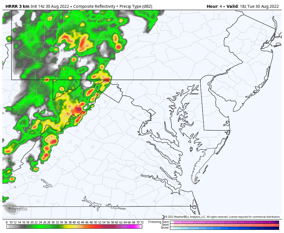 August 30 weather radar simulation update Tuesday Maryland HRRR