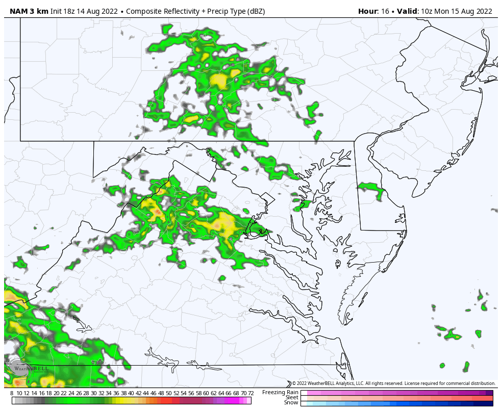 Radar simulation Monday for rain through Maryland