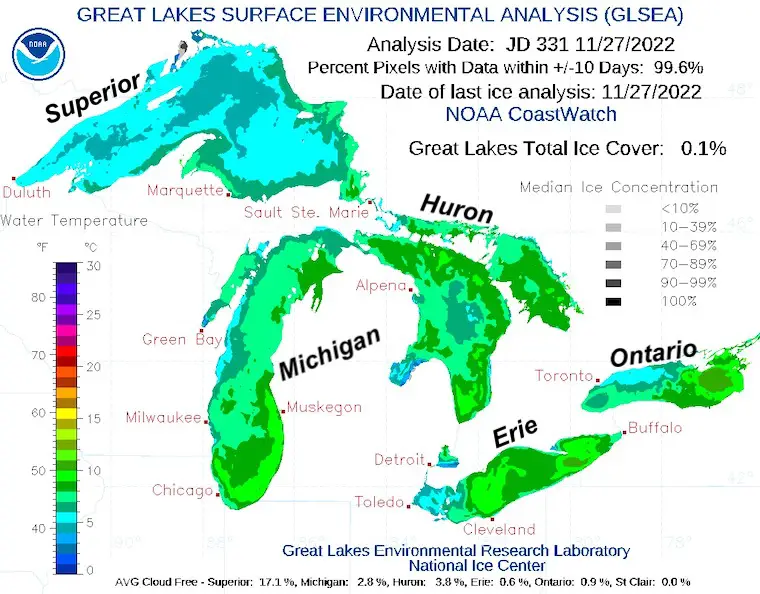 Great Lakes water temperature and ice