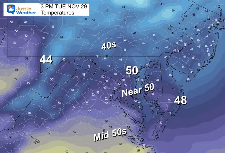 November 28 weather forecast temperatures Tuesday afternoon