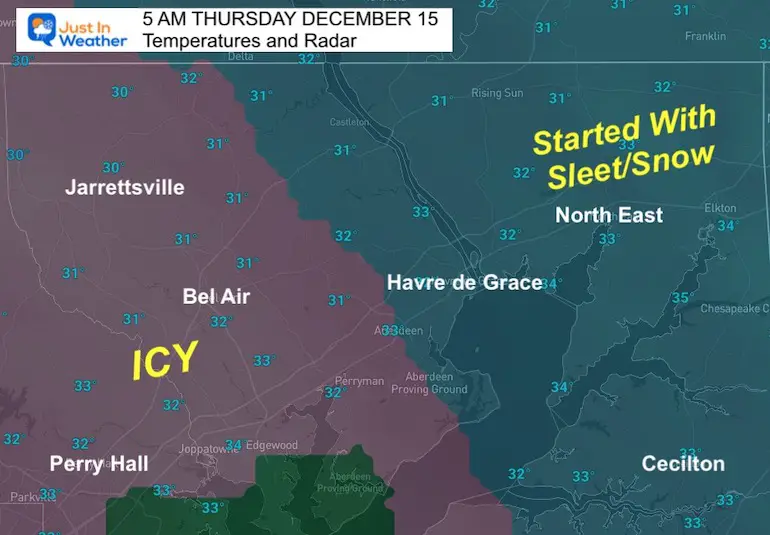 December 15 temperatures and ice radar 5 am Maryland Northeast
