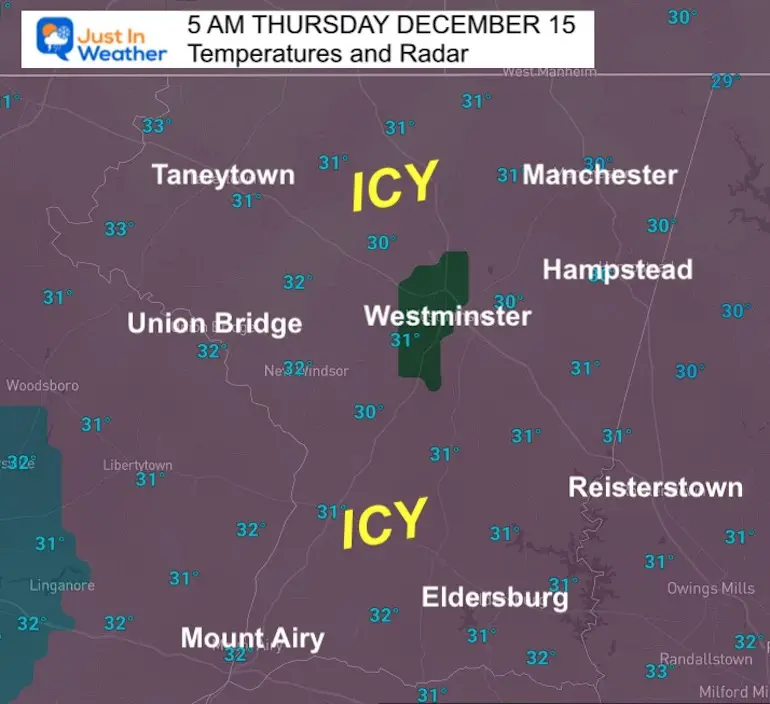 December 15 temperatures and ice radar 5 am Carroll County