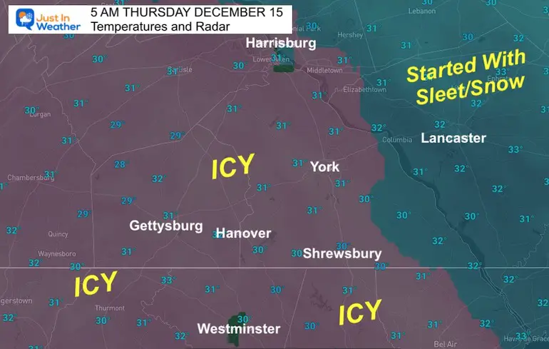 December 15 temperatures and ice radar 5 am Pennsylvania 
