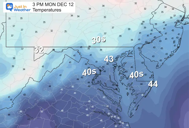 December 11 weather temperatures Monday afternoon