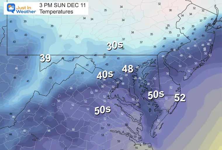 December 11 weather temperatures Sunday afternoon