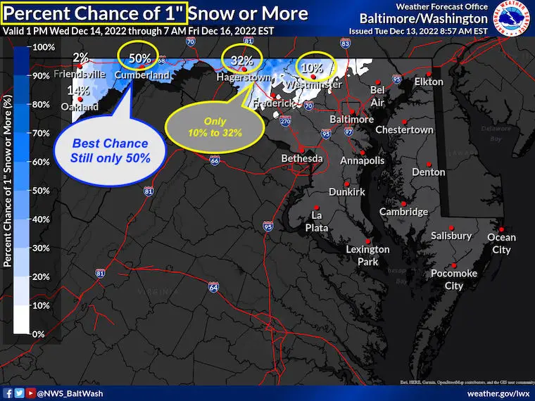 December 13 National Weather Service snow 1 inch forecast