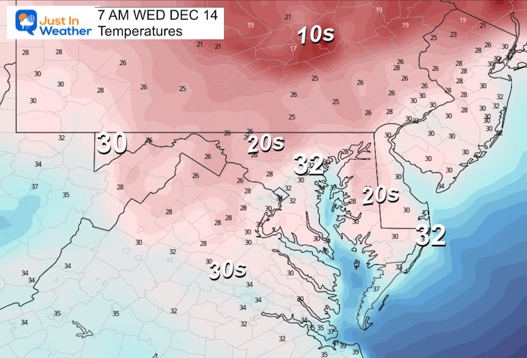 December 13 weather temperatures Wednesday morning