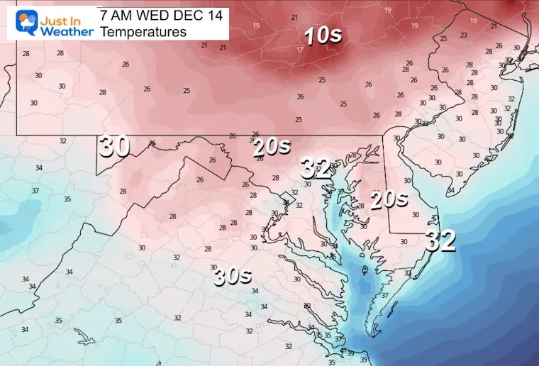 December 13 weather temperatures Wednesday morning