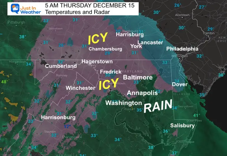 December 15 temperatures and ice radar 5 am Maryland