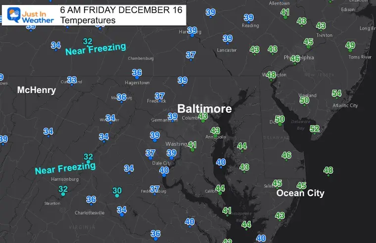 December 16 weather temperatures Friday morning