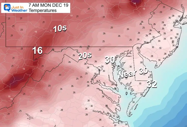 December 19 weather temperatures Monday morning