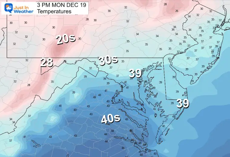 December 19 weather temperatures Monday afternoon