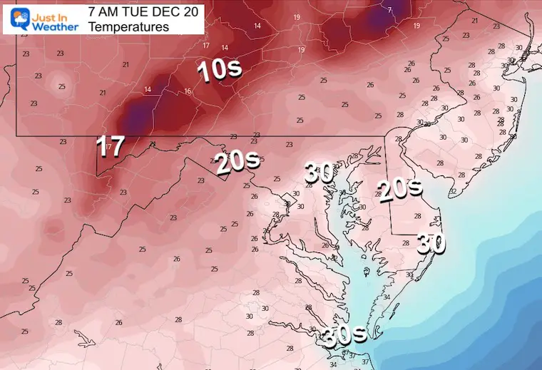 December 19 weather temperatures Tuesday morning