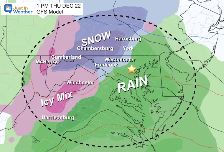 December 21 storm radar snow ice Thursday 1 pm GFS