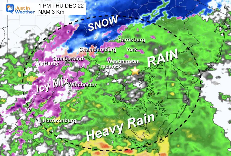 December 21 storm radar snow ice Thursday 1 pm