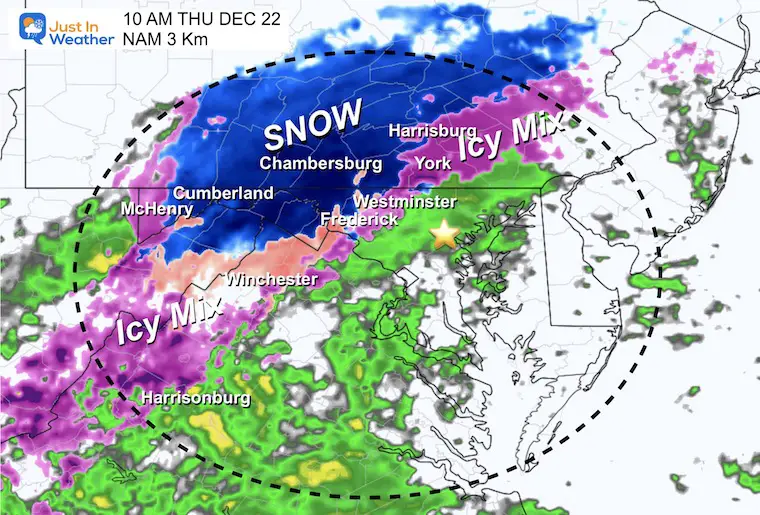 December 21 storm radar snow ice Thursday 10 AM