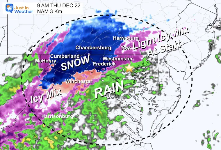 December 21 storm radar snow ice Thursday 9 AM