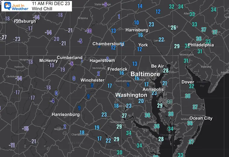 December 23 weather wind chill temperatures Friday 11 AM
