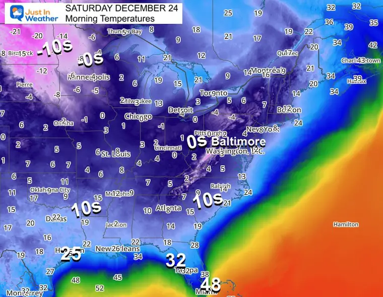 December 24 weather temperatures Christmas Eve morning