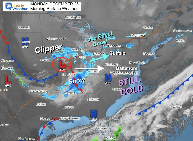 December 26 wether snow cold Monday morning