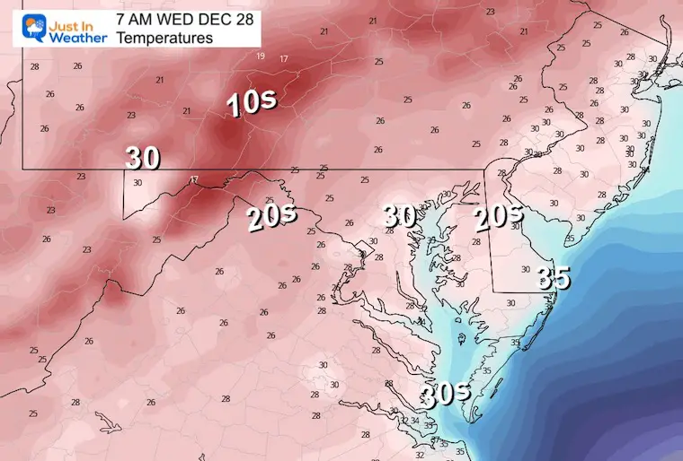 December 27 weather temperatures Tuesday morning