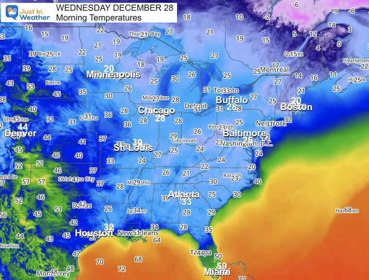 December 28 weather temperatures Wednesday morning USA