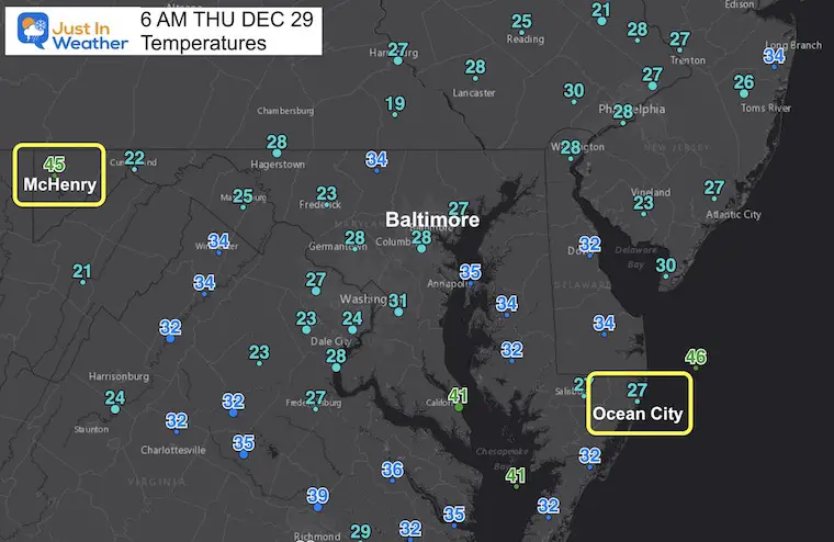 December 29 weather temperatures Thursday morning