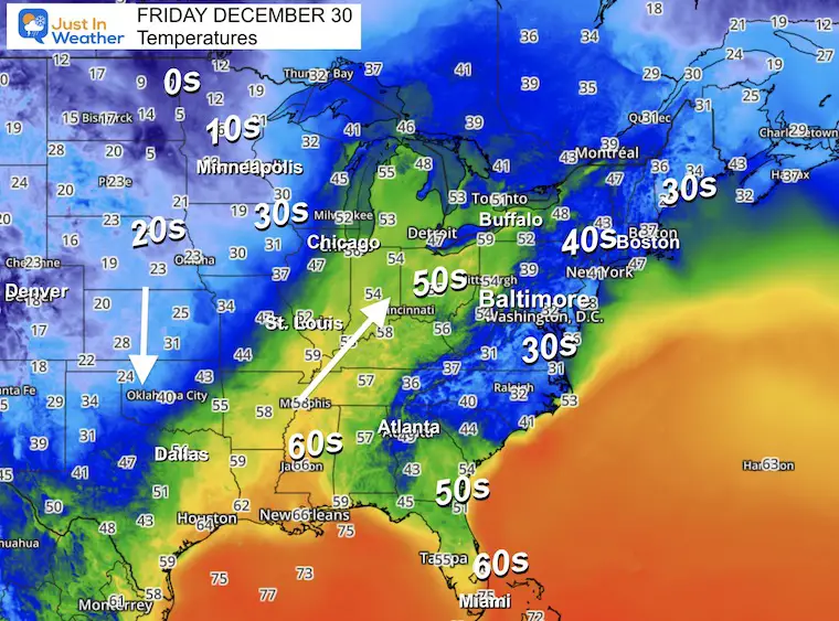 December 30 weather temps Friday morning USA