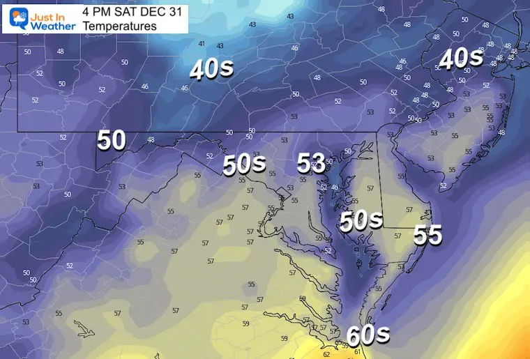 December 31 weather temperatures Saturday morning New Years eve 4 PM