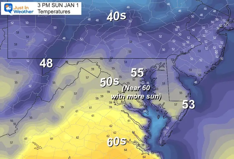 December 31 weather temperatures Saturday morning New Years day afternoon