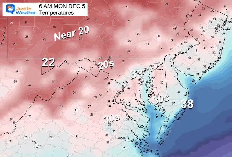 December 4 weather temperatures Monday morning