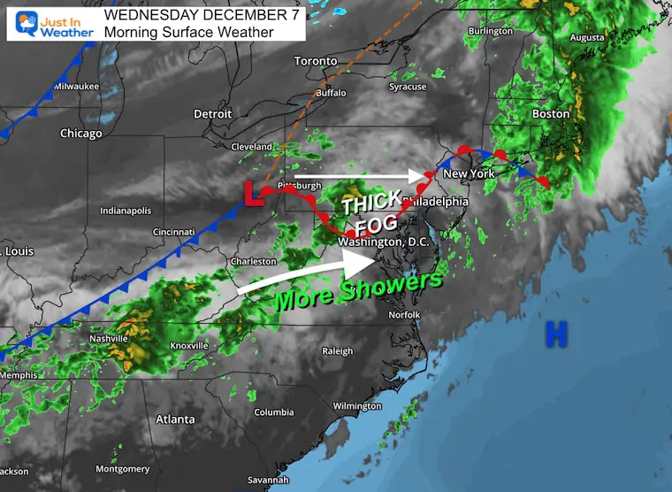 December 7 weather Wednesday morning Fog Rain