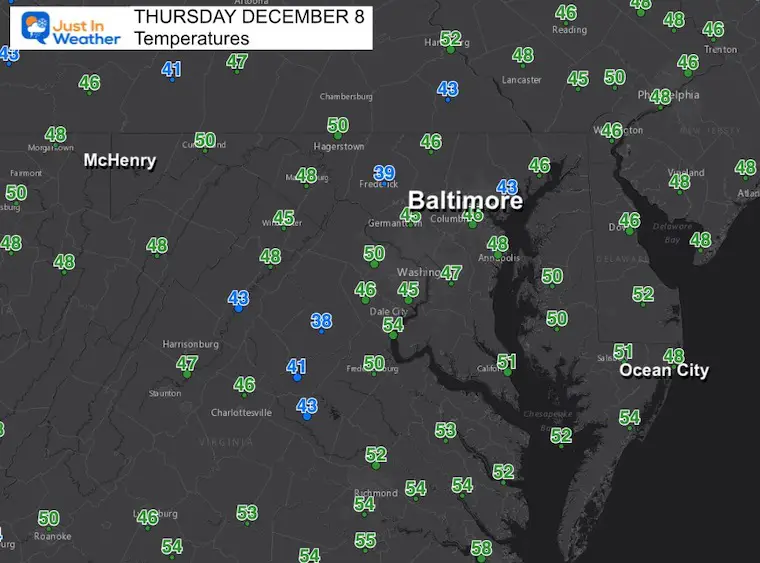 December 8 weather temperature Thursday morning
