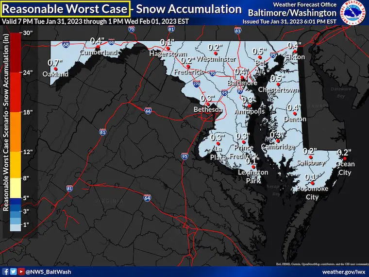 National Weather Service snow forecast Maryland most