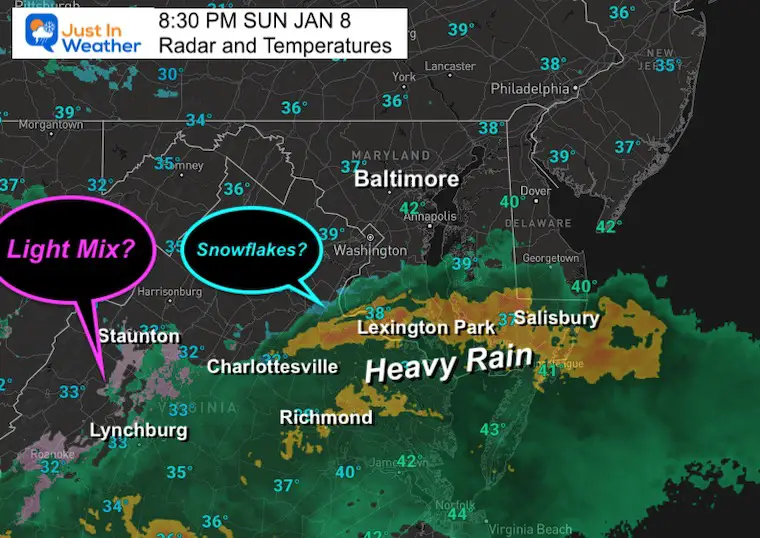 January 8 weather snow rain radar Sunday night