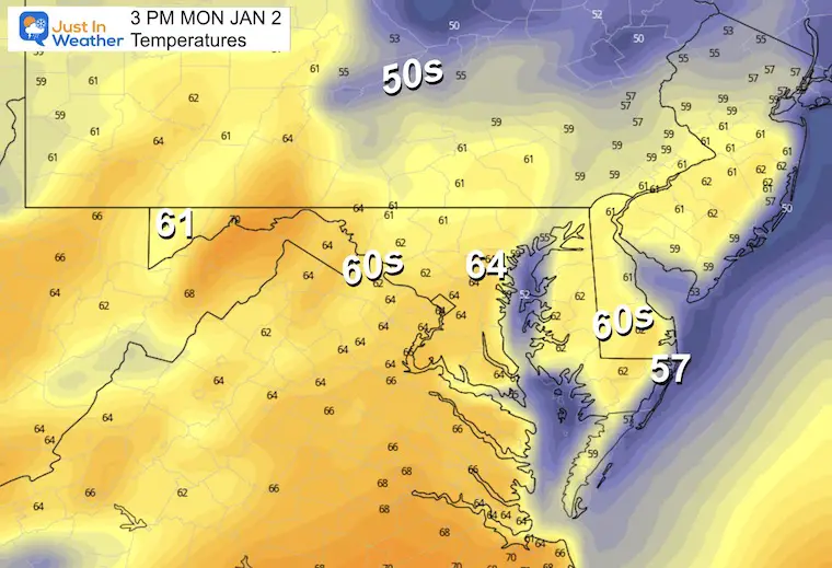 January 1 weather temperatures Monday afternoon