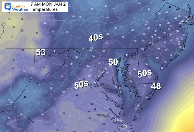 January 1 weather temperatures Monday morning