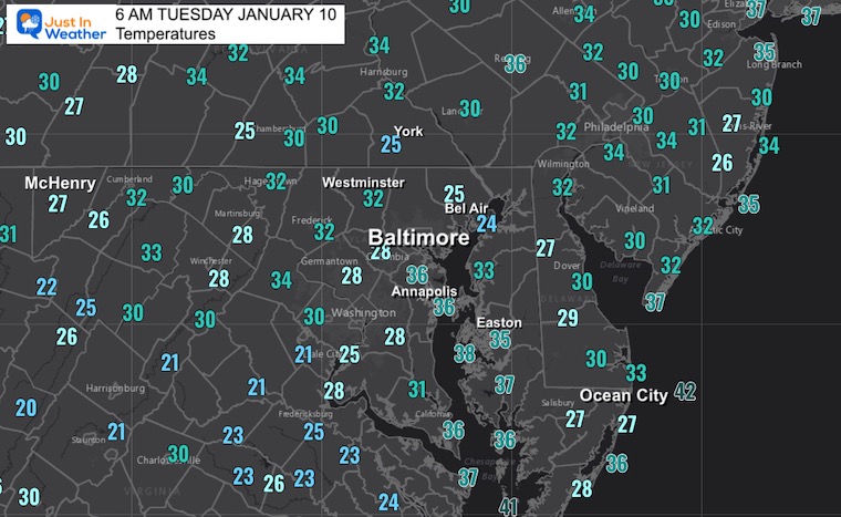 January 10 weather Tuesday morning temperatures
