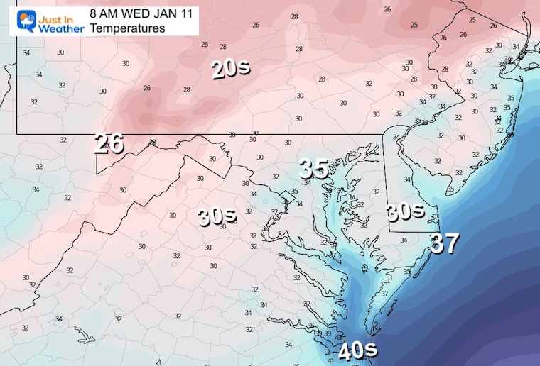 January 10 weather temperatures Wednesday morning