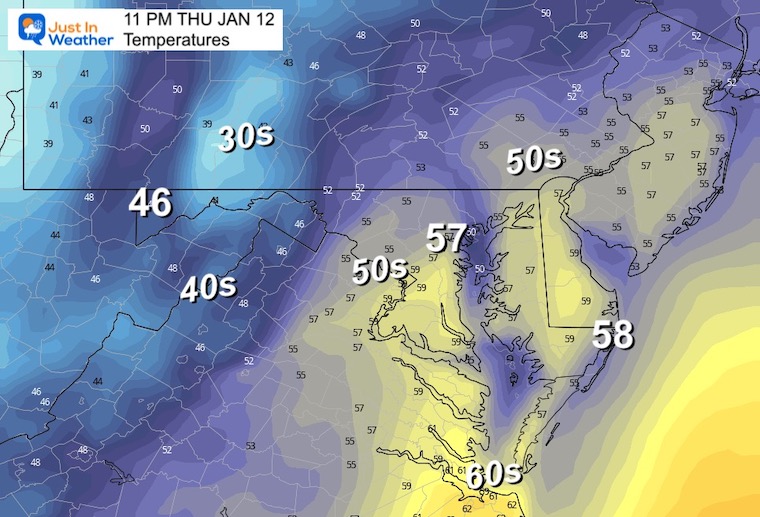 January 11 weather temperatures Thursday night