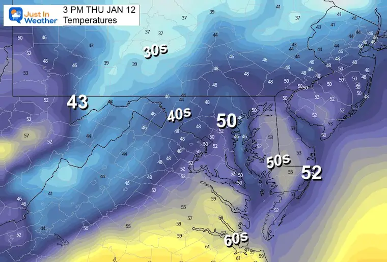 January 12 Thursday afternoon temperatures 